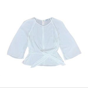 Bershka Chiffon White Blouse with 3/4 sleeves and knotted Ribbon Medium